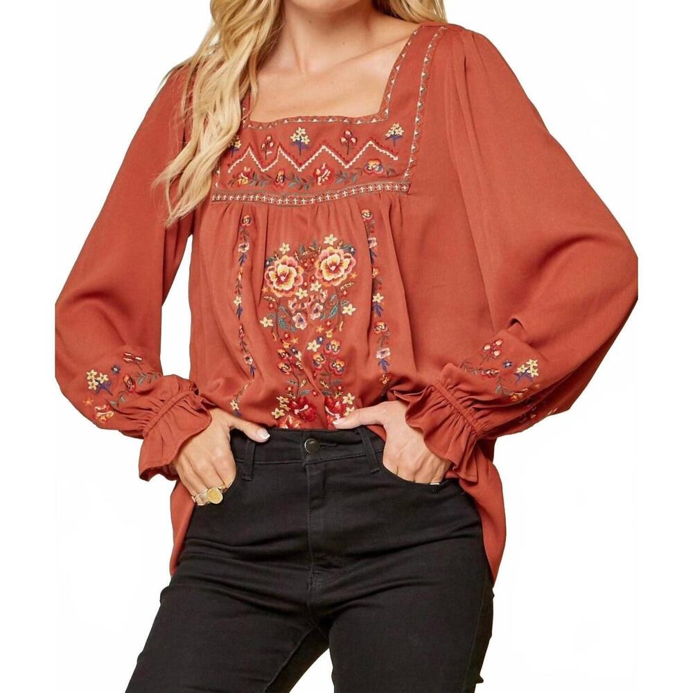 NEW ANDREE BY UNIT embroidered babydoll top in rust - Picture 3 of 5
